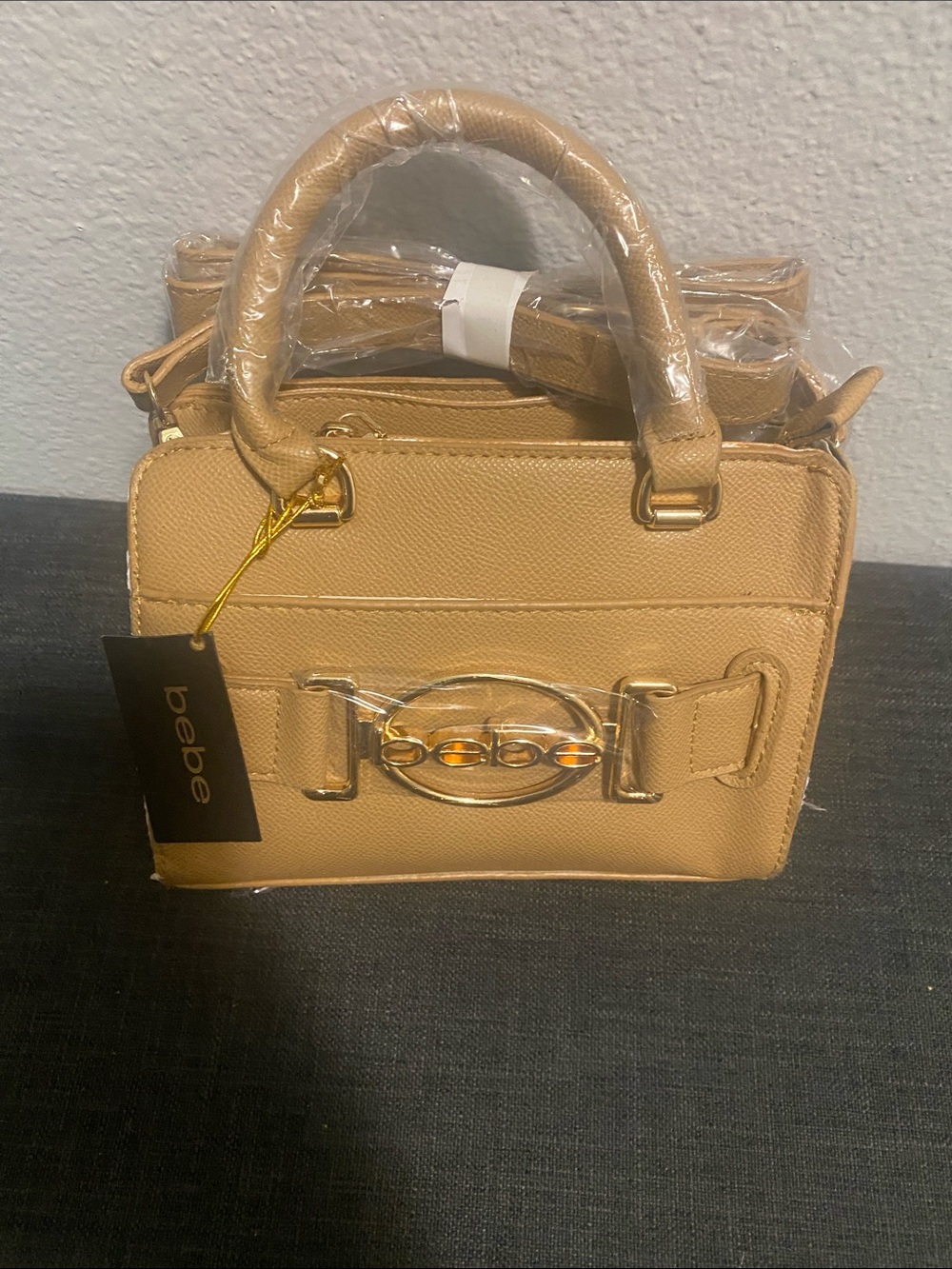 bebe Beige Top-Handle Satchel with Gold Accent